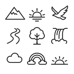 Nature Icon Set. Outline icon set of natural transcendence: mountain peak, sunrise, eagle in flight, river flowing, tree canopy,