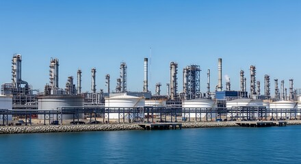 Industrial oil refinery complex by the water.