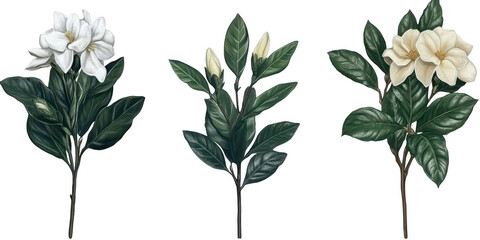 Three gardenia floral arrangements on transparent png background