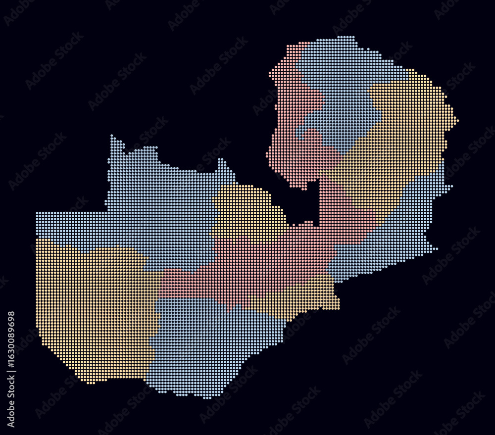 Poster zambia dotted map. digital style map of the country on dark background. zambia shape with circle dot