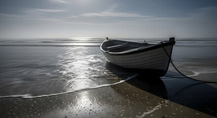 Naklejka premium Small Boat on Sandy Beach with Moody Blue Sky