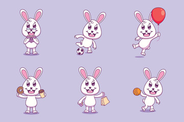 Collection of cute cartoon rabbit character illustrations. A white bunny mascot in various poses, playing sports, shopping, and holding a balloon.