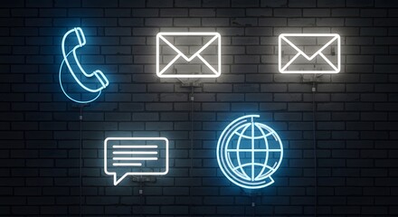 Modern neon contact icons light up a brick wall creating a vibrant, digital communication hub for your business