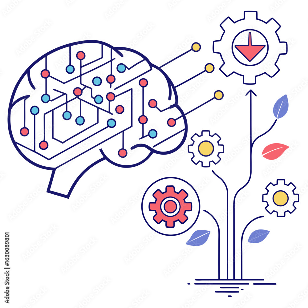 Aufkleber vector art of brain with artificial intelligence and machine learning isolated on white background