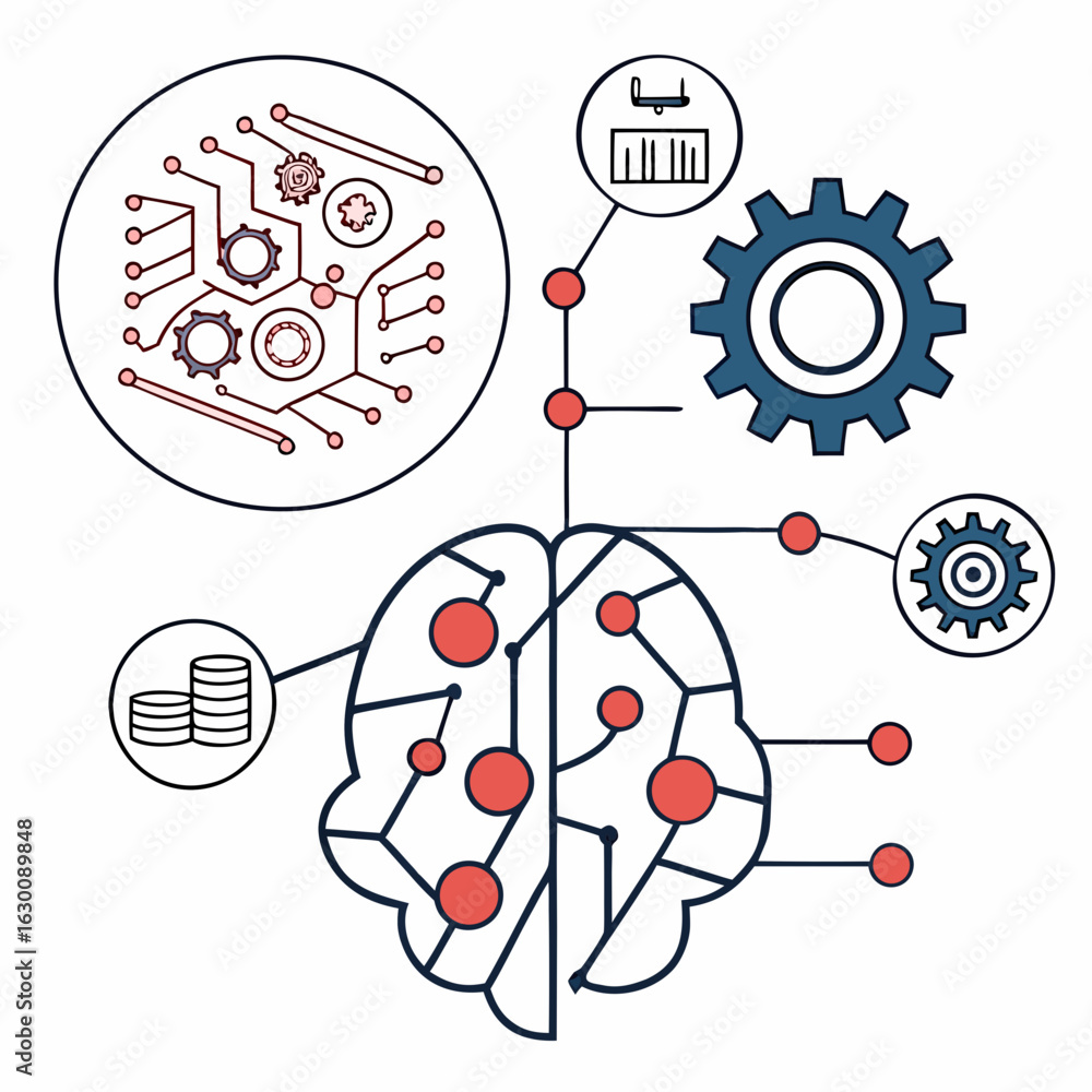 Poster vector art of artificial intelligence brain with machine learning concept isolated on white backgrou