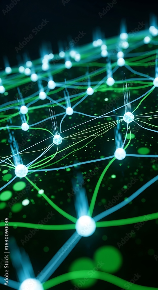 Poster vast interconnected network of glowing nodes and lines pulsating with digital energy