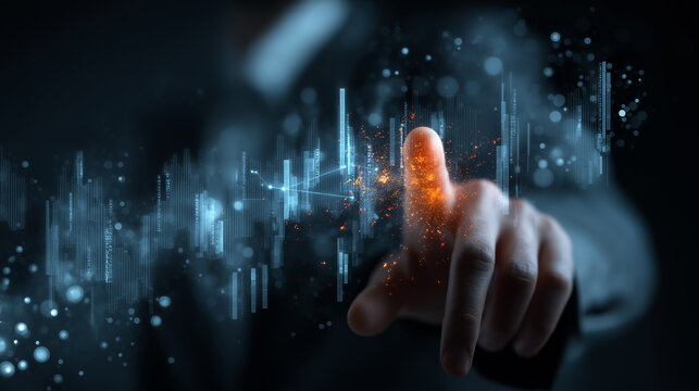 A modern businessman in a dark suit interacting with glowing holographic financial charts and futuristic data interfaces. The scene represents high-tech finance, stock market analysis