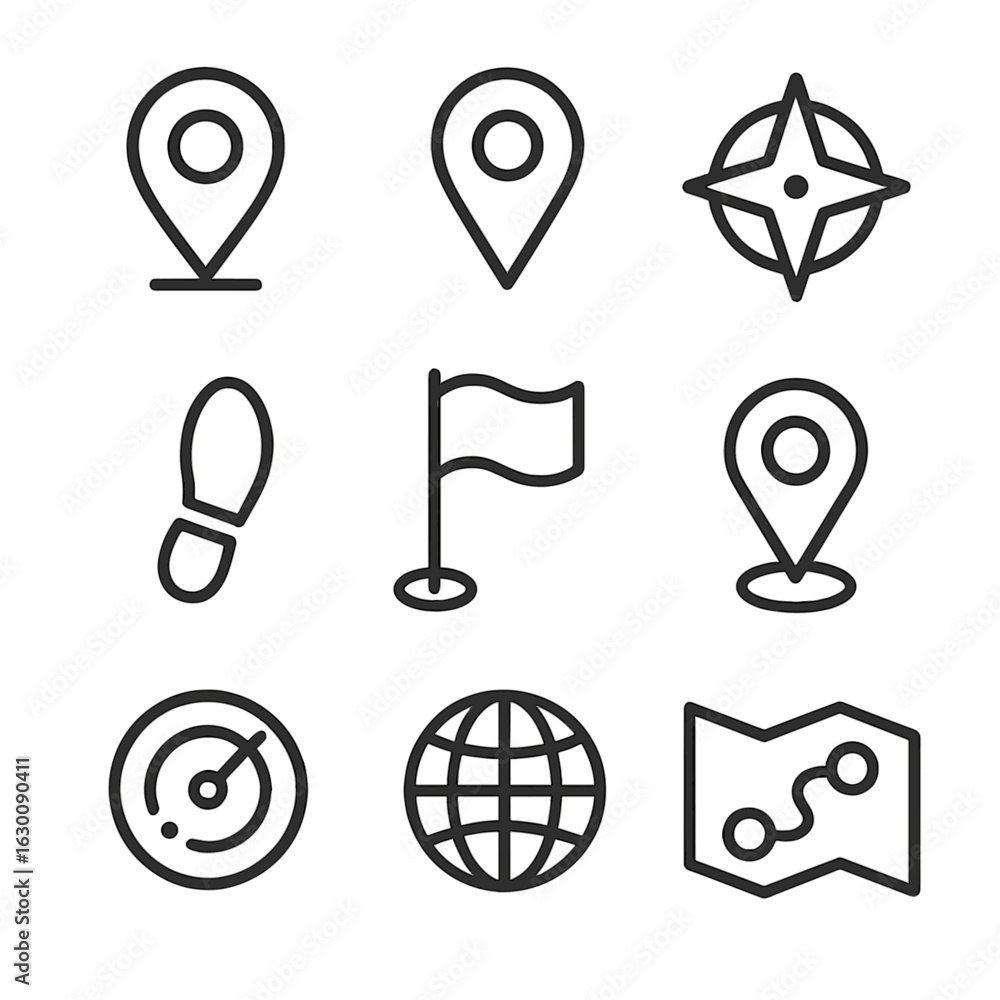 Poster navigation icon set. outline icon set of presence in location and navigation: gps pin, map marker, c