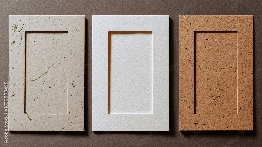 Poster three distinct textured paper frames in neutral tones, showcasing natural fibers and unique patterns