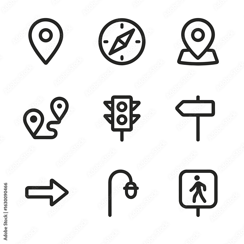 Poster navigation icons set. outline icon set of navigation signals: gps pin, compass needle, map marker, r