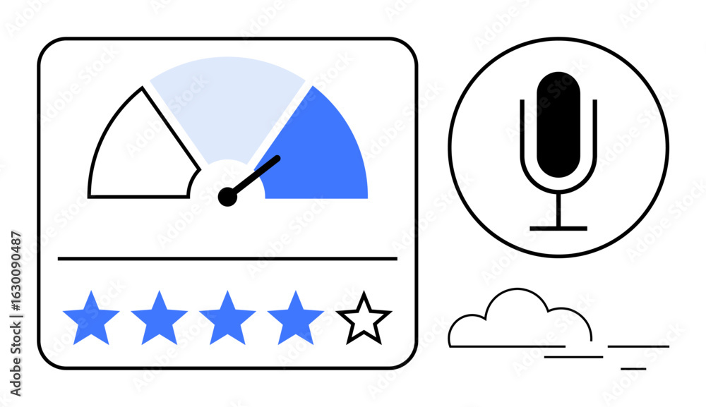 Poster speedometer indicating performance, a microphone for input, and a five-star rating system. ideal for