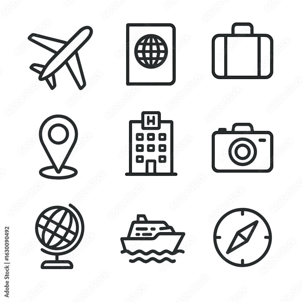Poster navigation icons collection. outline icon set of navigation tools: compass, gps device, map, sextant