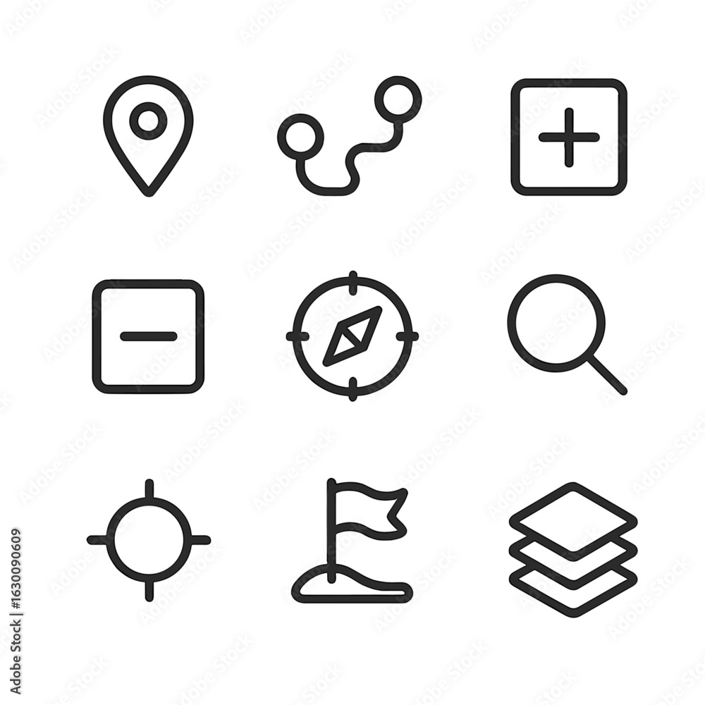 Aufkleber navigation icon set. outline icon set of navigation ui elements: map marker, route path, zoom in, zo