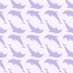 Seamless pattern with light purple dolphins leaping on a pale lavender background. Gentle and whimsical vector marine-themed design. Dolphins baby print for fabric, for textile.