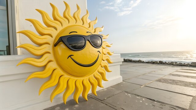 Cartoon sun with sunglasses emoji isolated on white background sunshine emoticon 3d rendering - Powered by Adobe