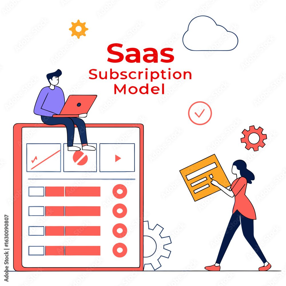 Poster vector art of saas subscription model with customer using laptop isolated on white background