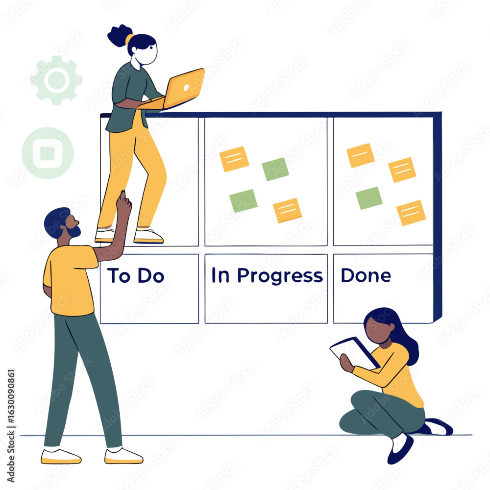 Aufkleber vector art of team members using scrum board for agile project management and planning