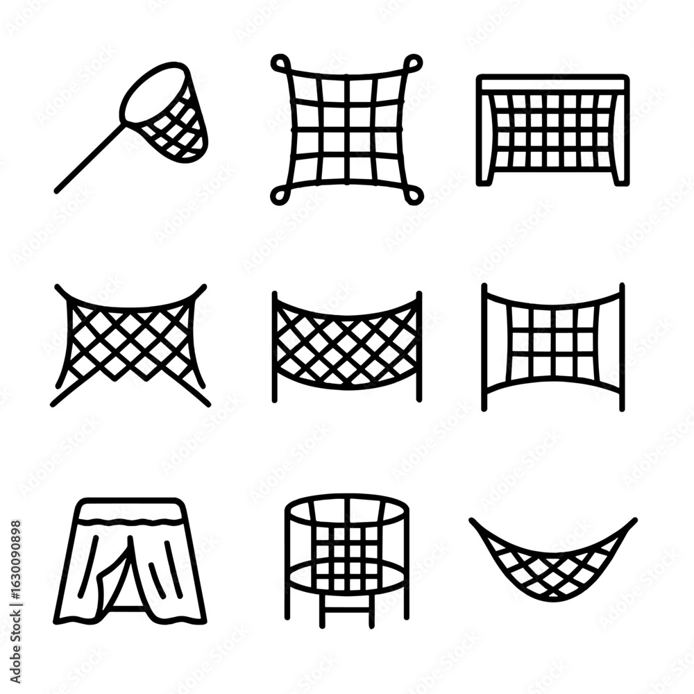 Poster netting icons grid. outline icon set of netting applications: fishing net, cargo net, sports net, bi