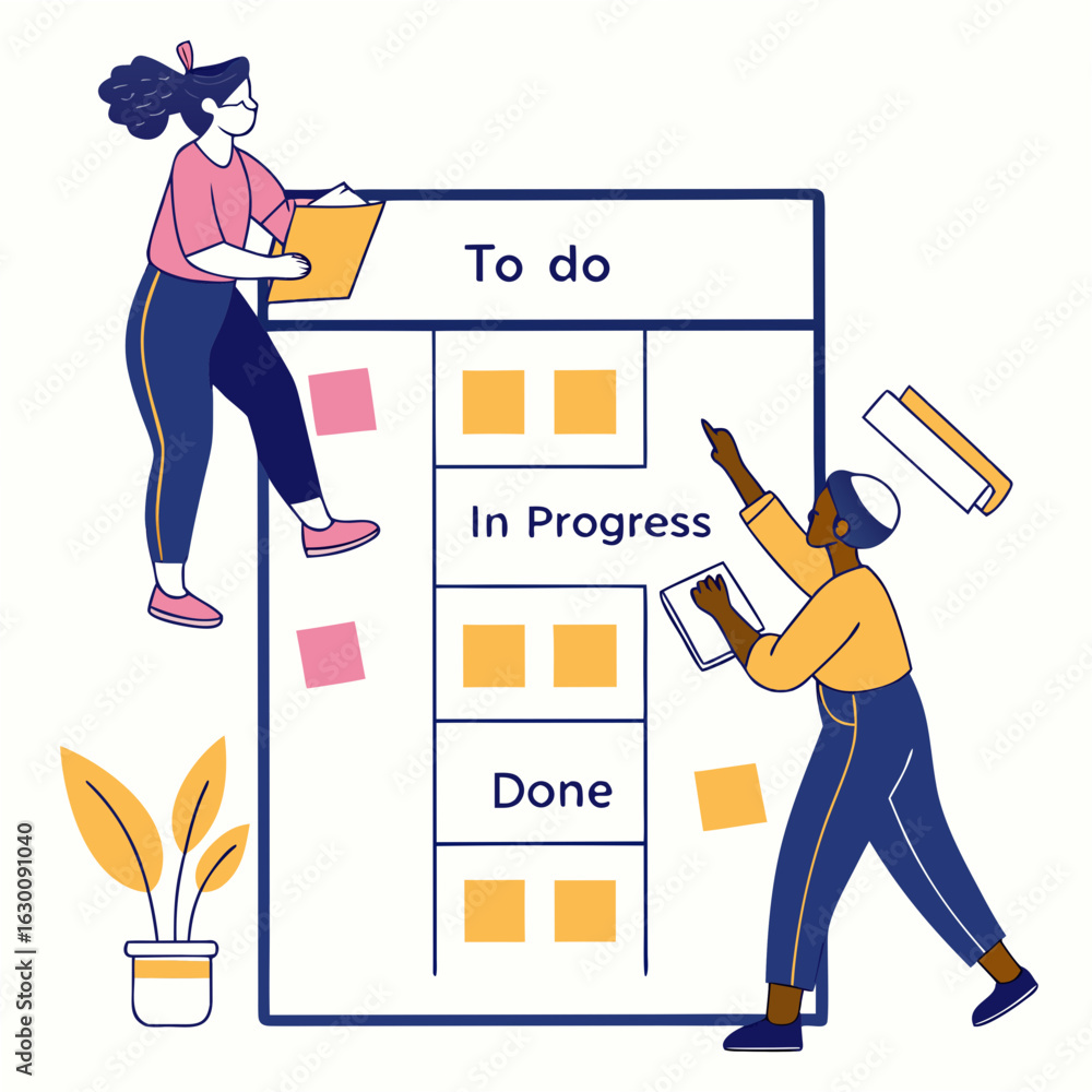 Poster vector art of team working on task board isolated on white background