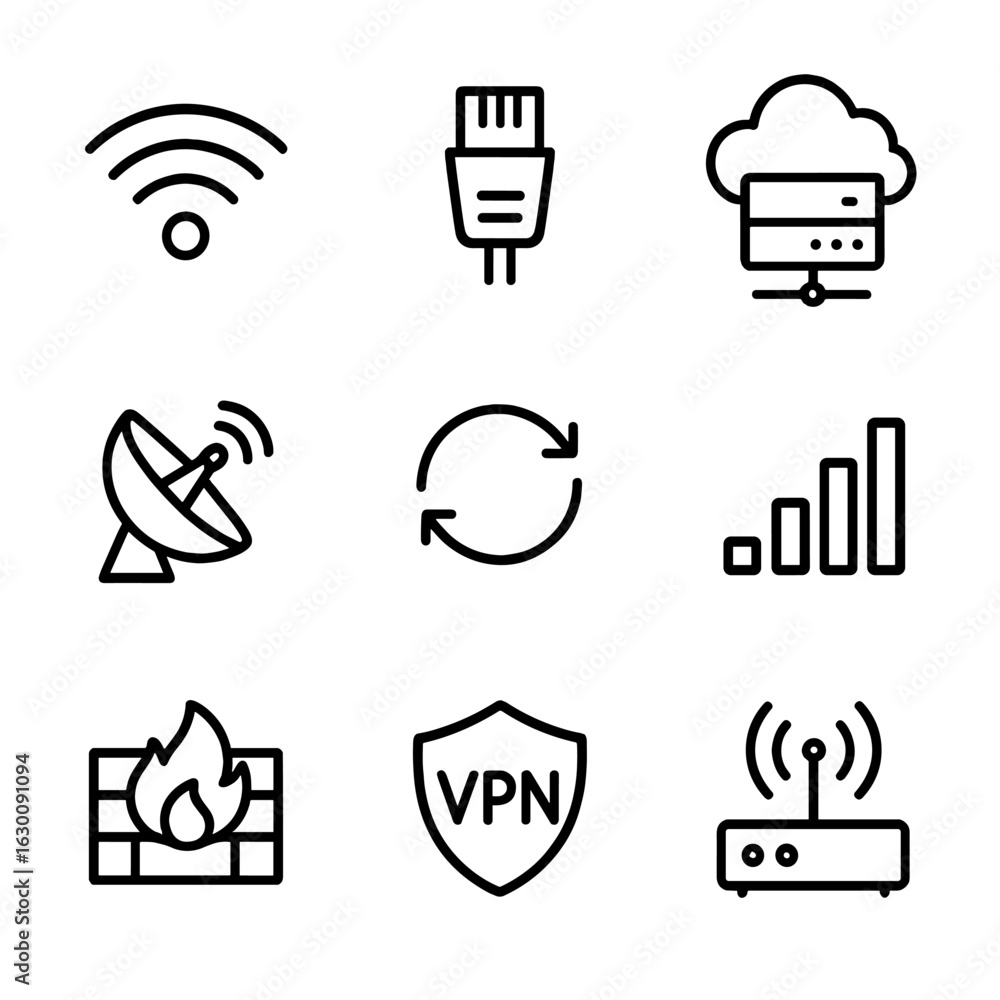 Poster network connectivity icons. outline icon set of live stream network and connectivity: wi-fi signal, 