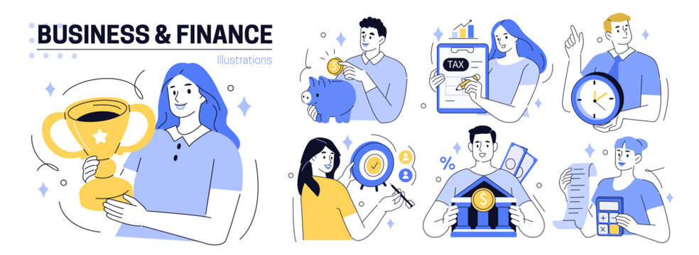 Business, finance, marketing set. Characters calculating taxes, planning work time, setting a goal and doing other financial activities. Vector illustration.