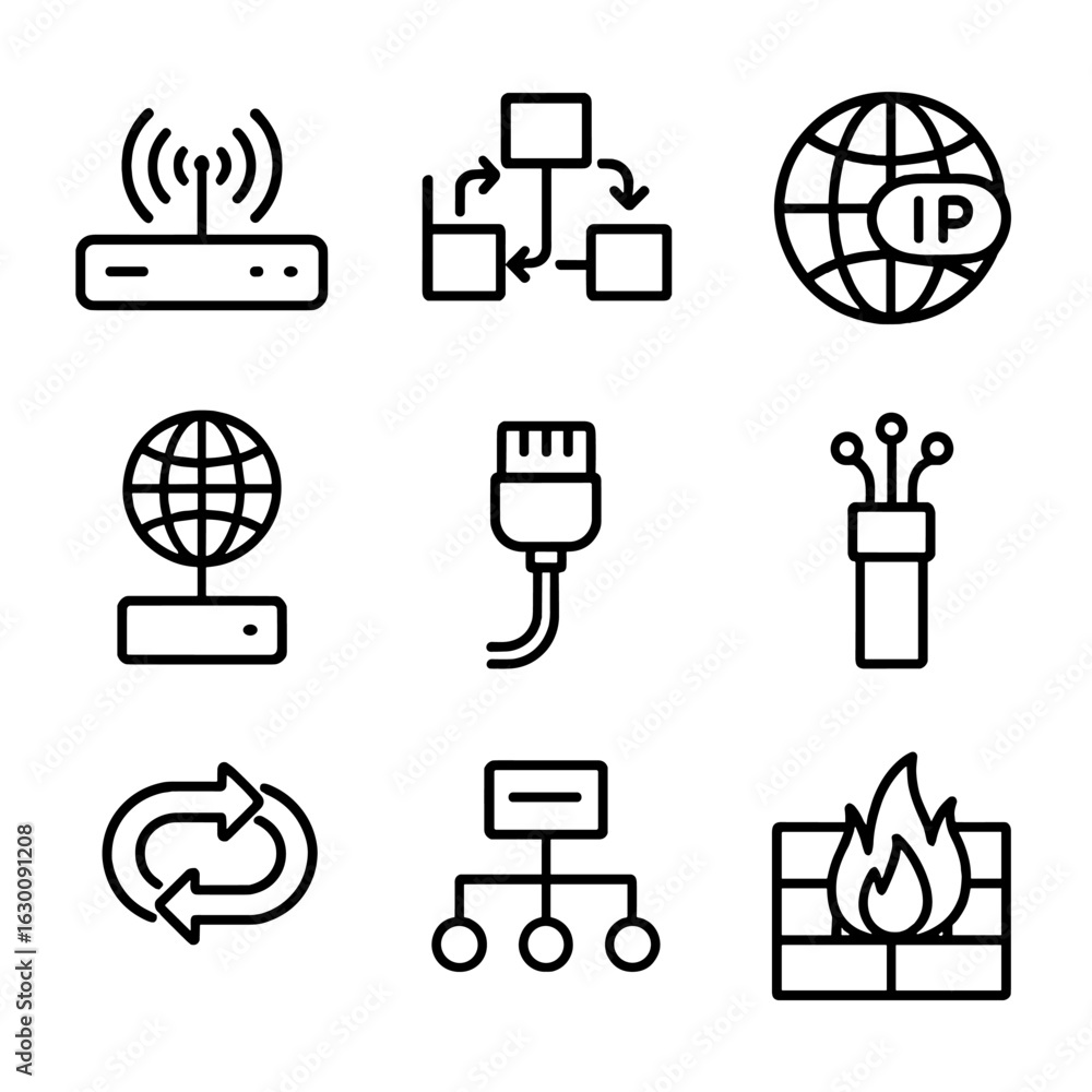 Poster network icons grid. outline icon set of network transmission: router, packet switching, ip address, 