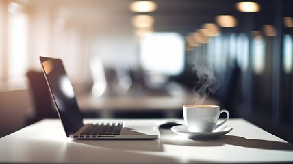 Laptop and coffee on table in a cozy cafe setting
