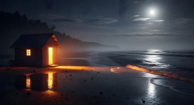 Cozy Cabin on Dark Beach During Rainy Night with Moonlight - Powered by Adobe