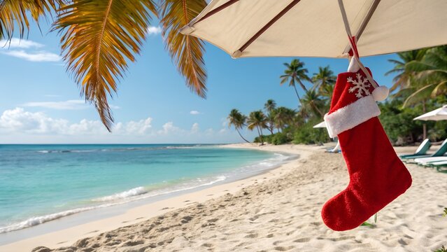 festive stocking hangs from beach umbrella creating unique scene of christmas in july by ocean