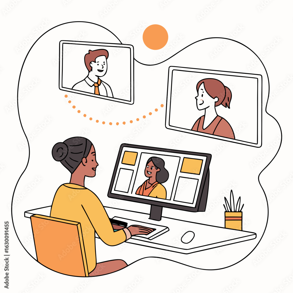 Poster vector art of woman using computer for video call with colleagues on white background