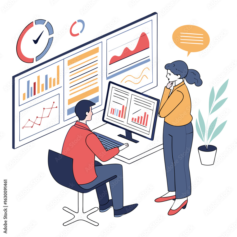 Poster vector art of business data analysis and reporting isolated on white background
