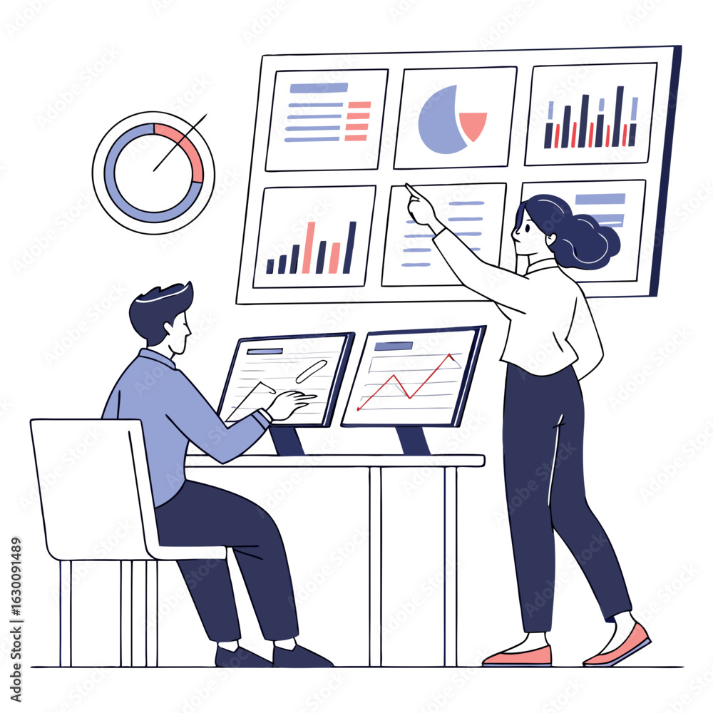 Poster vector art of business people analyzing data charts and graphs isolated on white background