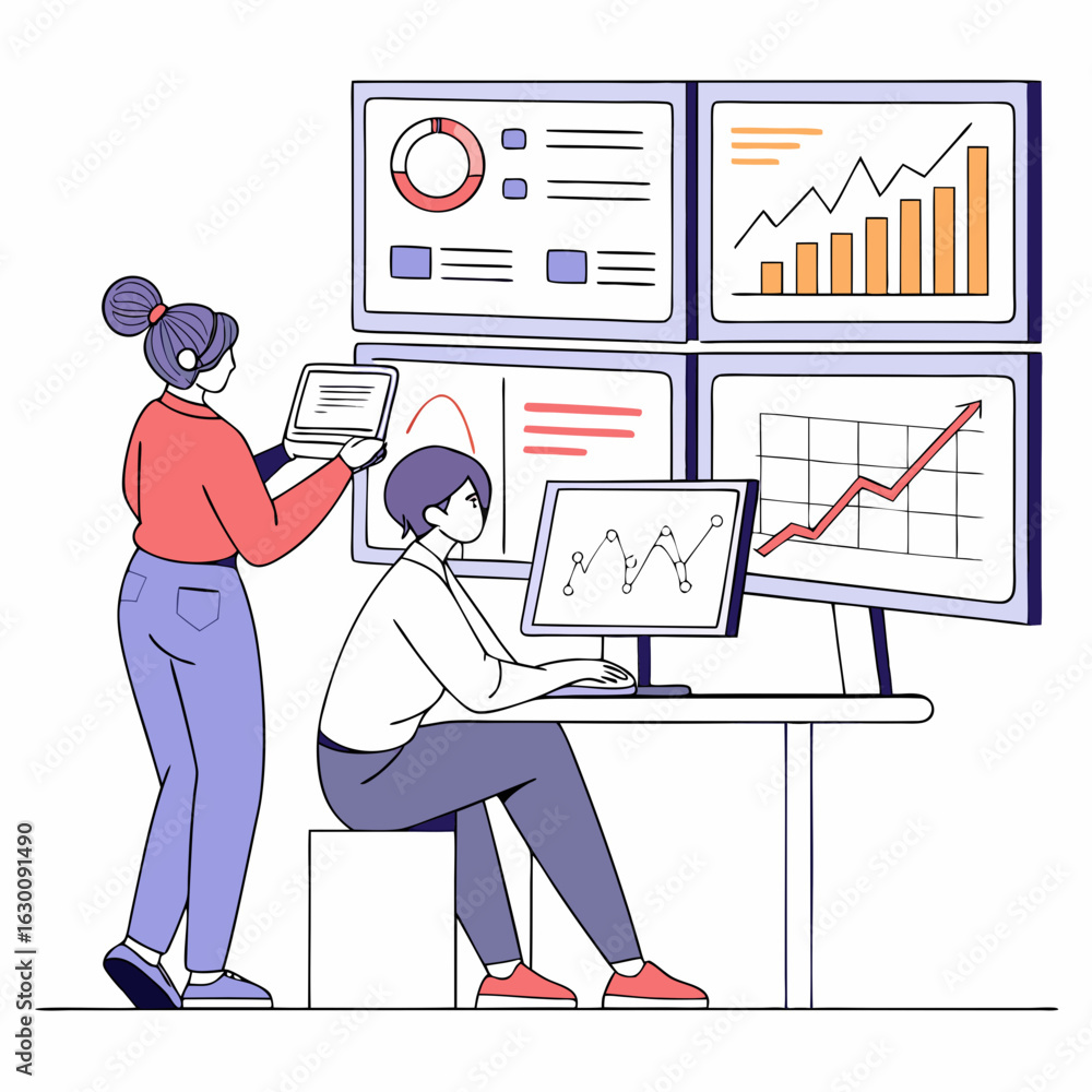 Aufkleber vector art of two colleagues are analyzing business data on multiple computer screens