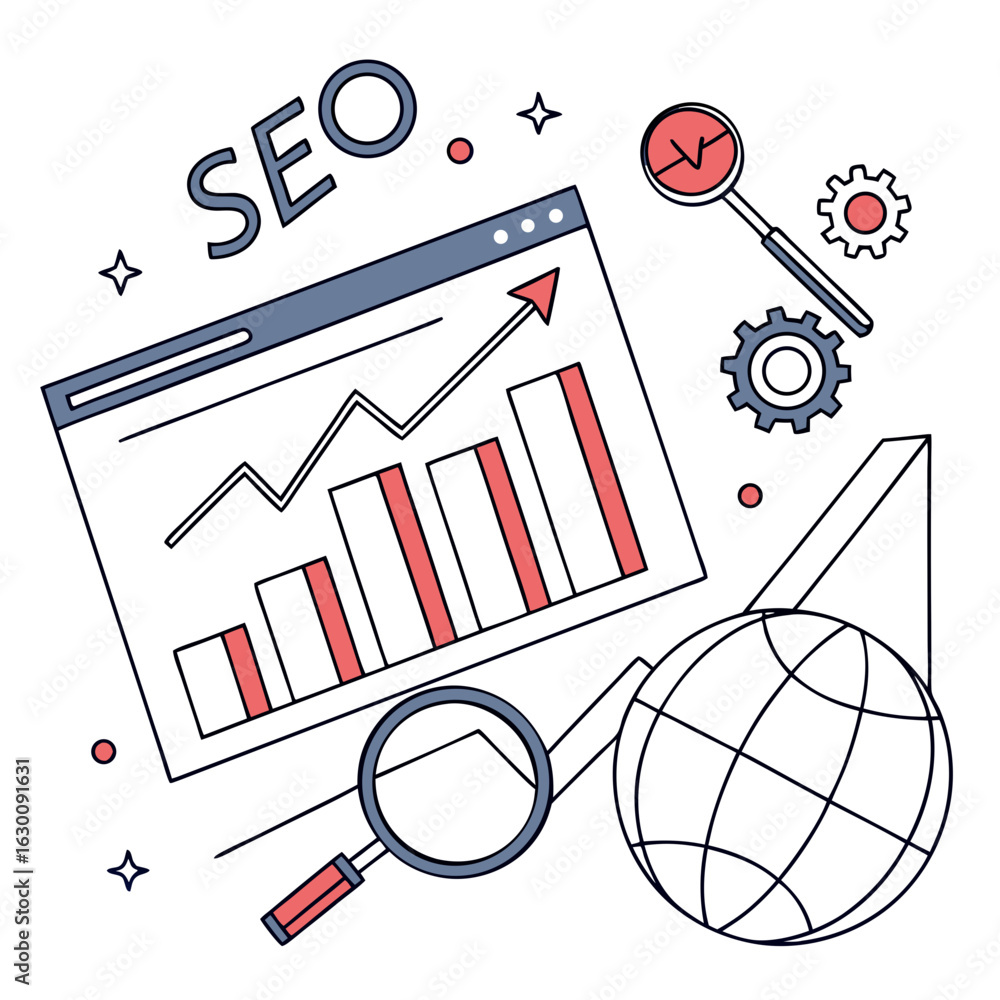 Poster vector art of seo optimization and website ranking with search engine analysis isolated on white bac