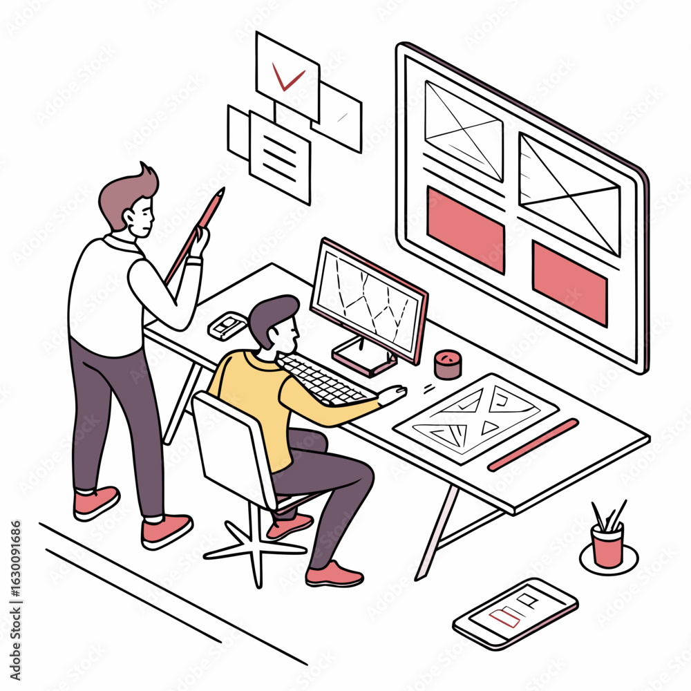 Poster vector art of two men working on website design at desk, isolated on white background