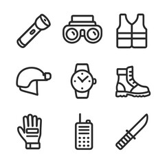Night Duty Gear Icons. Outline icon set of night duty call gear: flashlight, night vision goggles, reflective vest, helmet light,