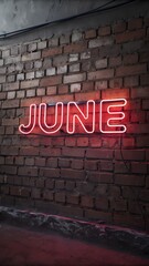 Obraz premium Neon Sign Displaying the Month June Brightly Illuminated Against a Brick Wall Background for F