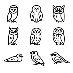 Nocturnal Bird Icons. Outline icon set of nocturnal bird species: barn owl, snowy owl, great horned owl, long-eared owl,