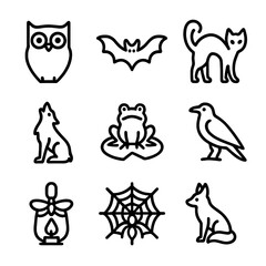 Fototapeta premium Nocturnal Creatures Icons. Outline icon set of nocturnal creatures: owl silhouette, bat in flight, black cat arch, wolf howling,
