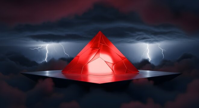 Abstract Red Glowing Pyramid on Floating Platform – Cinematic Night Scene with Storm Clouds and Lightning Bolts - Powered by Adobe