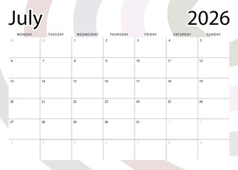 July 2026 monthly planner. Calendar template. Monday start. Vector design