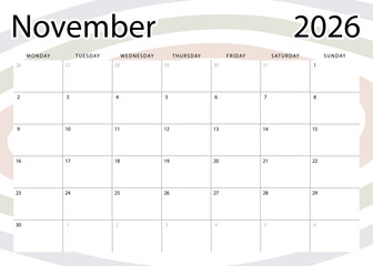 November 2026 monthly planner. Calendar template. Monday start. Vector design