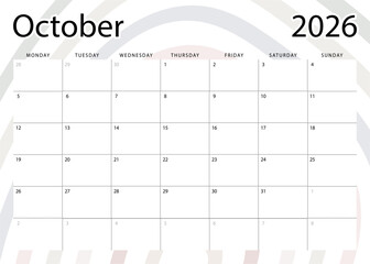 October 2026 monthly planner. Calendar template. Monday start. Vector design
