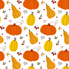 Bright and colorful pumpkin and squash pattern for autumn decoration and seasonal celebration ideas