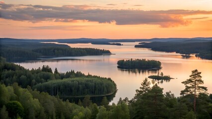 Tranquil finnish lake glowing in the serene beauty of a summer sunset captured in scenic view