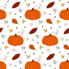Colorful autumn pattern featuring pumpkins, leaves, and mushrooms against a white background for seasonal decor or crafts