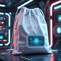 A white drawstring backpack with a glowing blue digital display on the front, set against a neon-lit, sci-fi background
