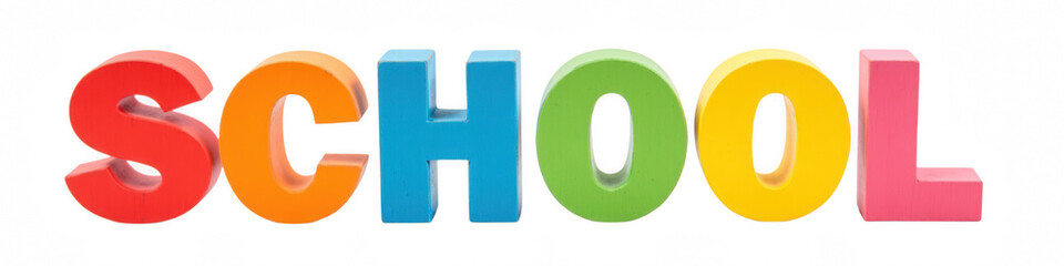 Colorful letters spelling SCHOOL create vibrant and playful atmosphere, perfect for educational settings