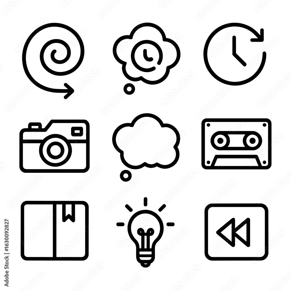 Poster nostalgic icon grid. outline icon set of recalling past: spiral rewind, memory cloud, clock rewind, 