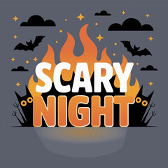 Scary night bat and flame, halloween party background, spooky eyes illustration, dark theme vector, festive art